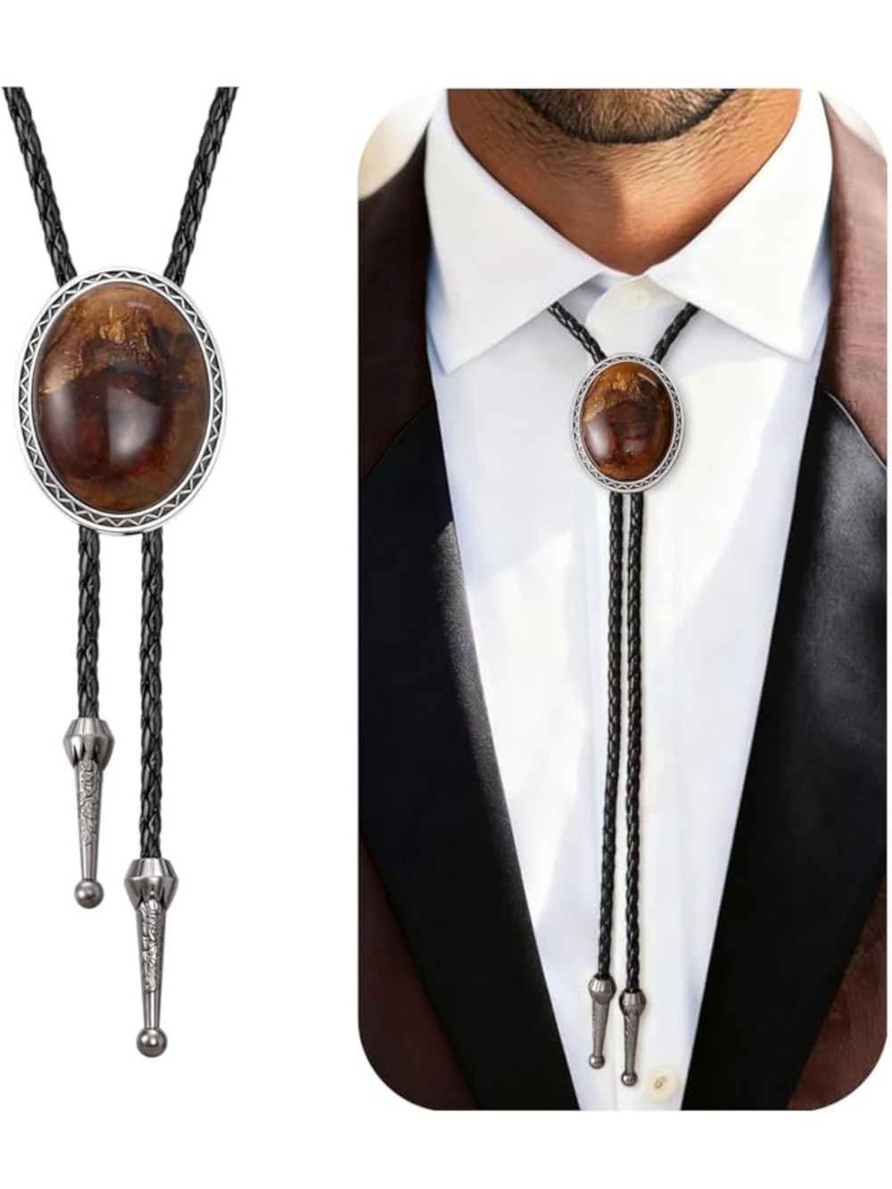 Trandy Brown Oval Stone Bolo Tie with Black Braided Cord